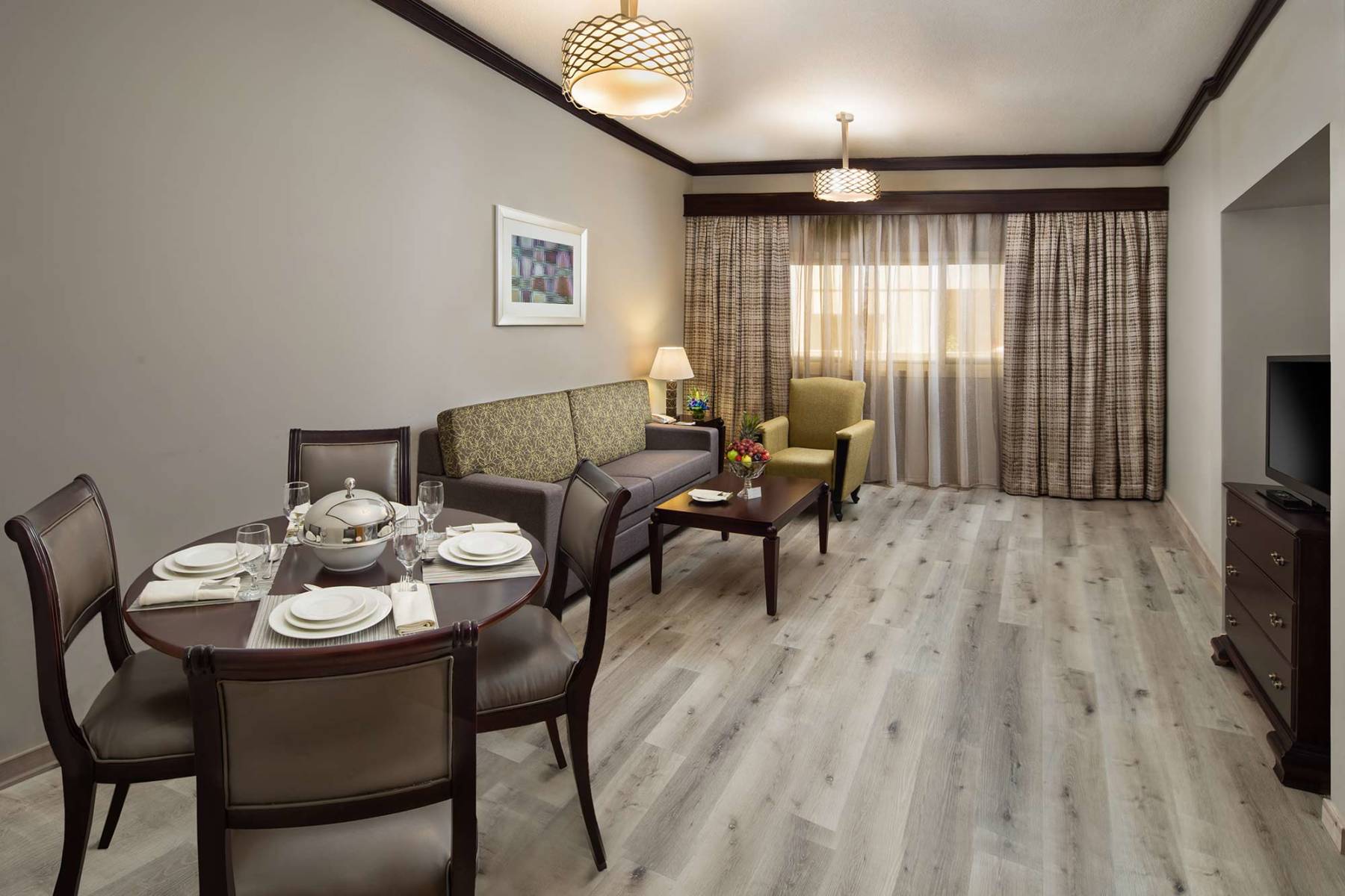 Spacious serviced apartment lounge at Savoy Dubai